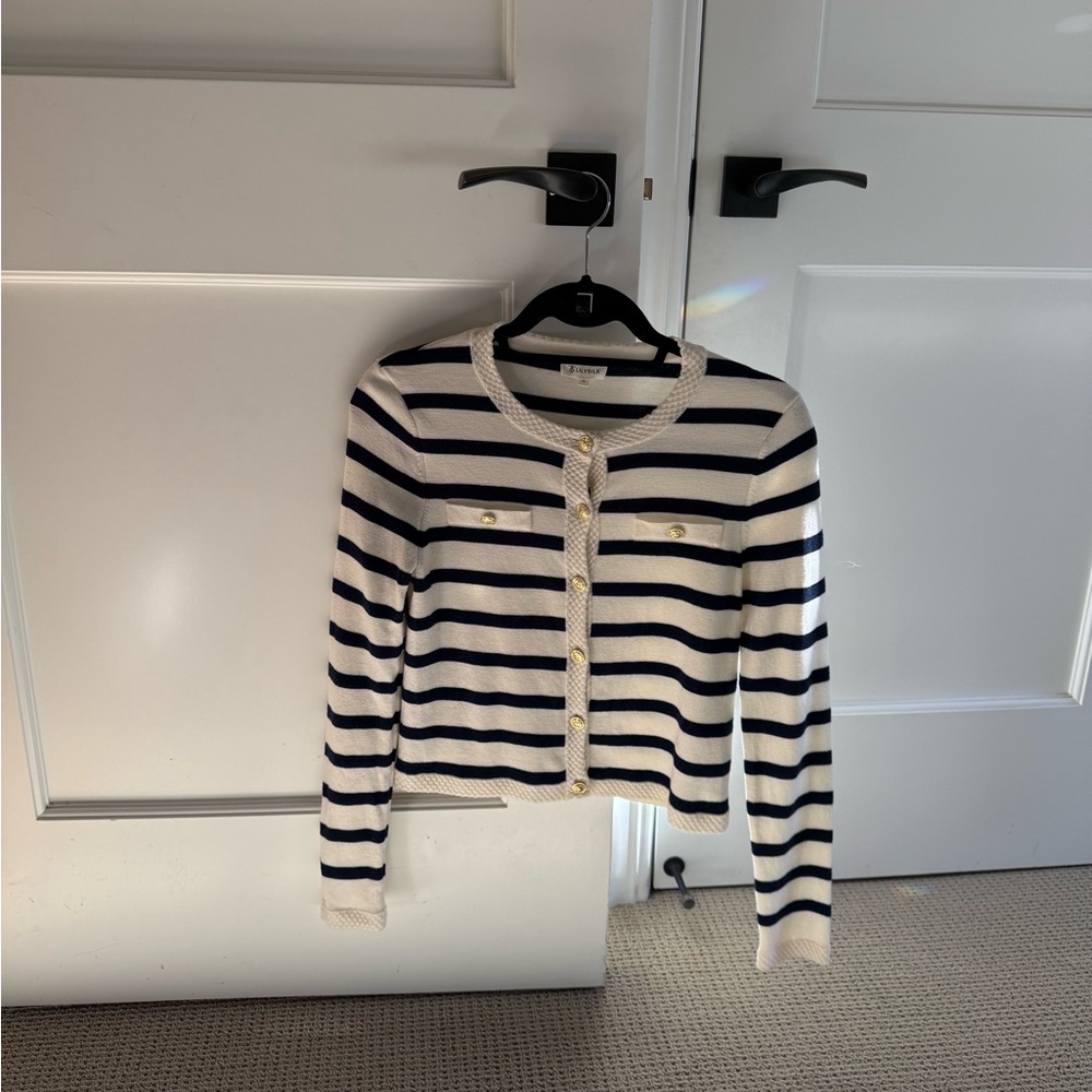 Lilysilk Womens Gariana Striped Wool Cardigan Size XS Navy/Ivory Gold Buttons